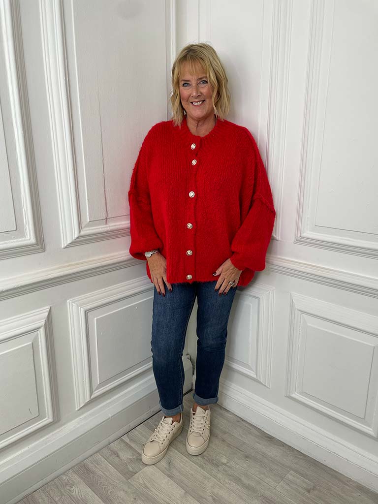 Chunky Exposed Seam Cardigan - Red