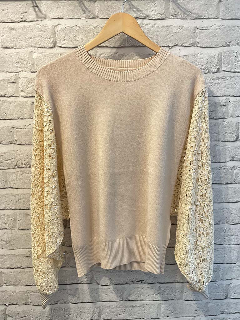 Sequin Lace Sleeve Knit - Vanilla