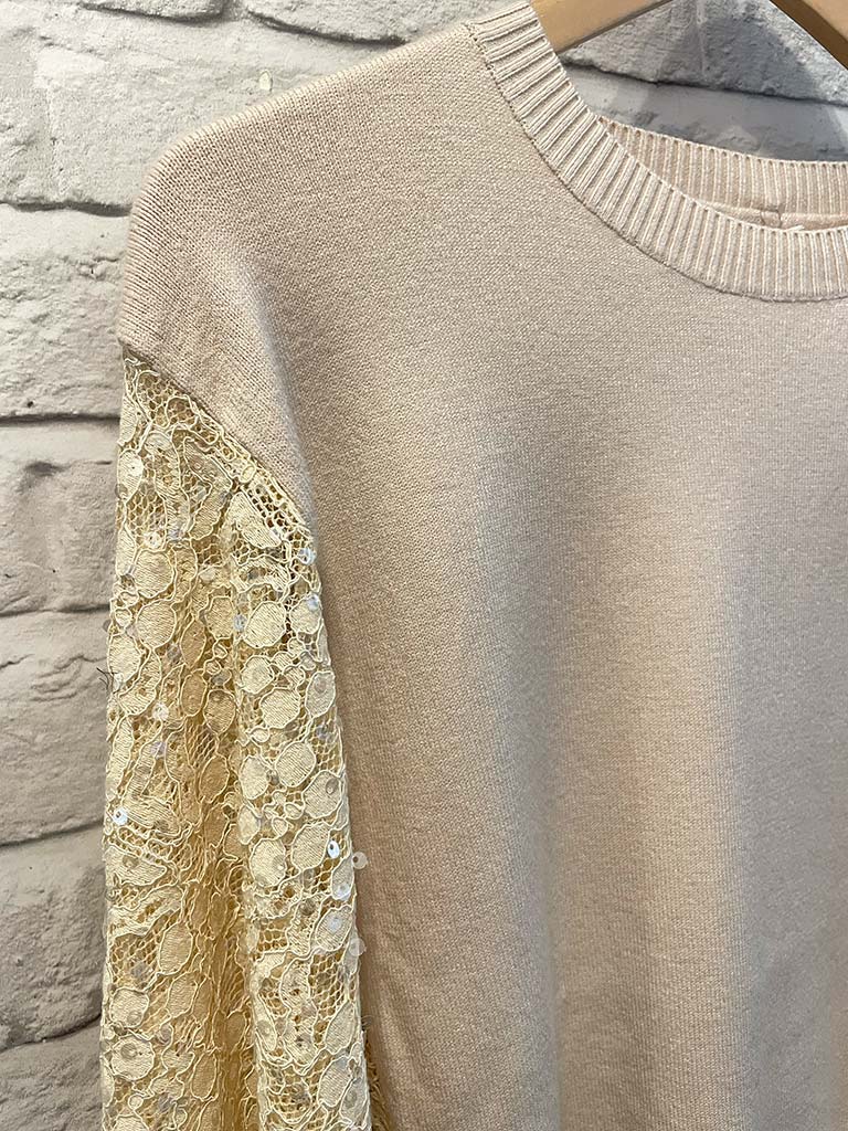 Sequin Lace Sleeve Knit - Vanilla