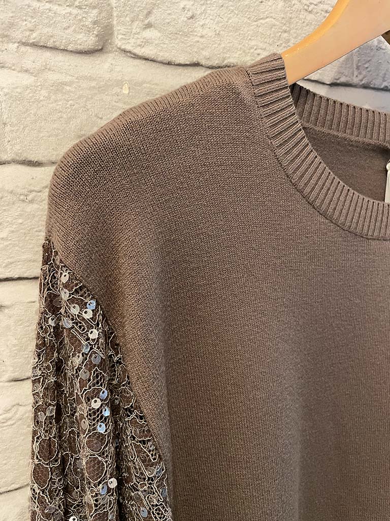 Sequin Lace Sleeve Knit - Taupe