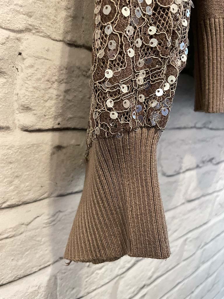 Sequin Lace Sleeve Knit - Taupe