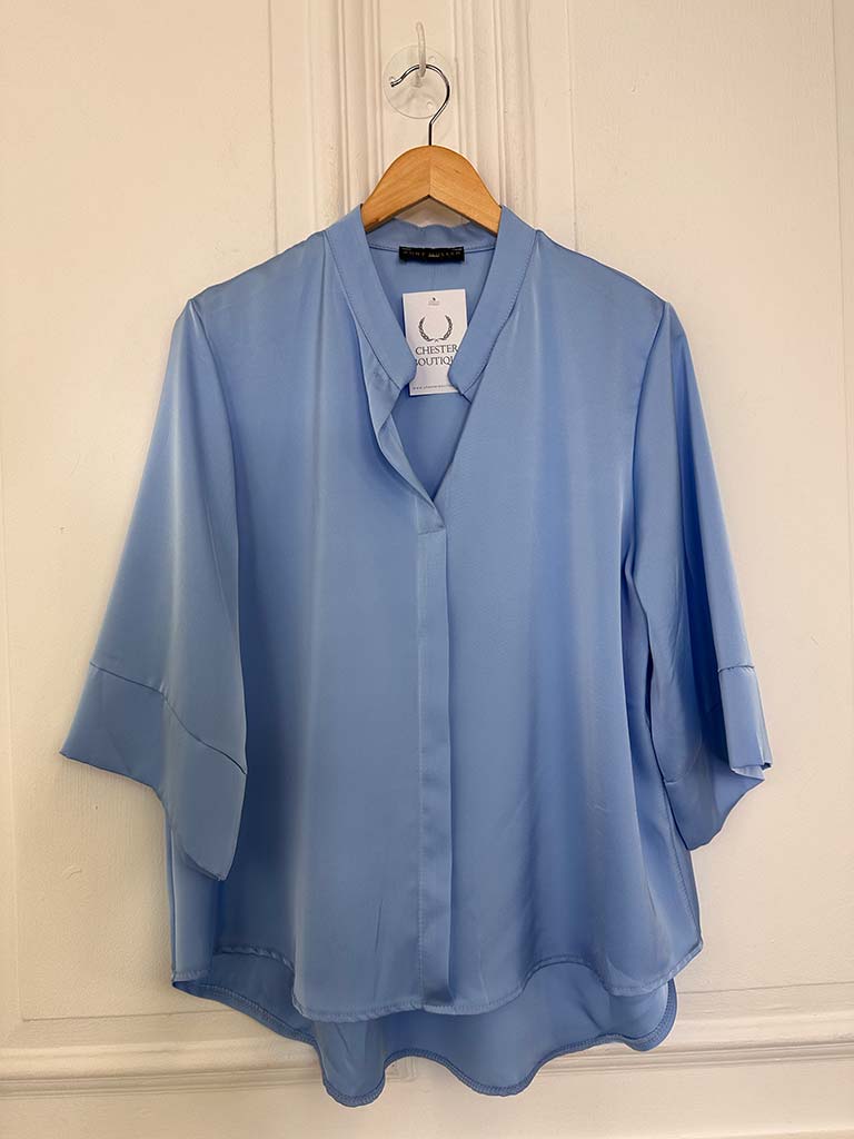 Silk Feel Mandarin Blouse - Sky