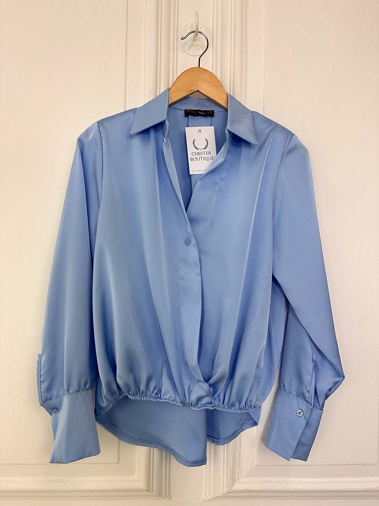 Bubble Hem Button Blouse - Sky