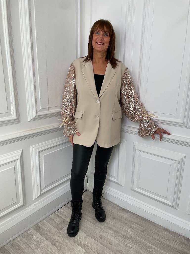 Sequin Tie Sleeve Blazer - Stone