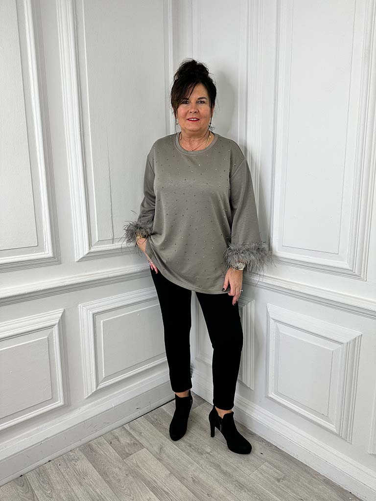 Malissa J Studded and Feather Trim Top - Mushroom