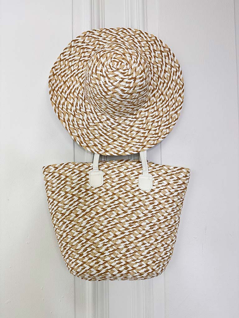 Two-piece women's straw bag and matching wide-brim hat in beige, ideal for everyday wear and relaxed styling with a modern. - Malissa J Two Piece Straw Bag & Hat - Stone