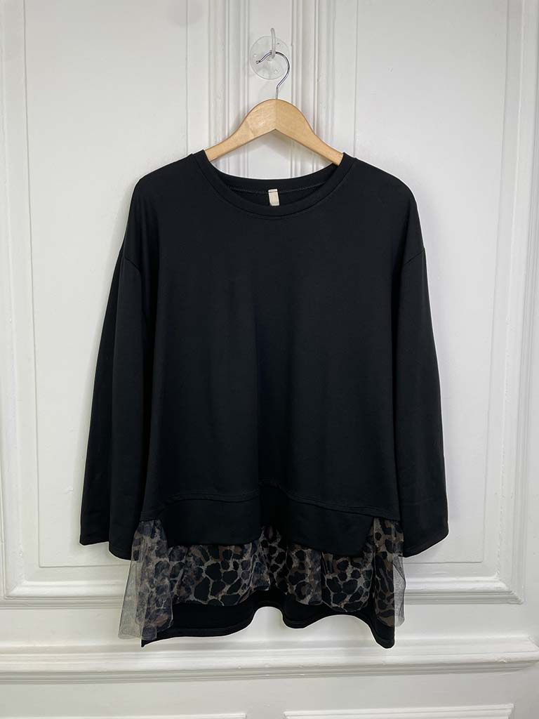 Boxy Leopard Frill Sweatshirt - Black