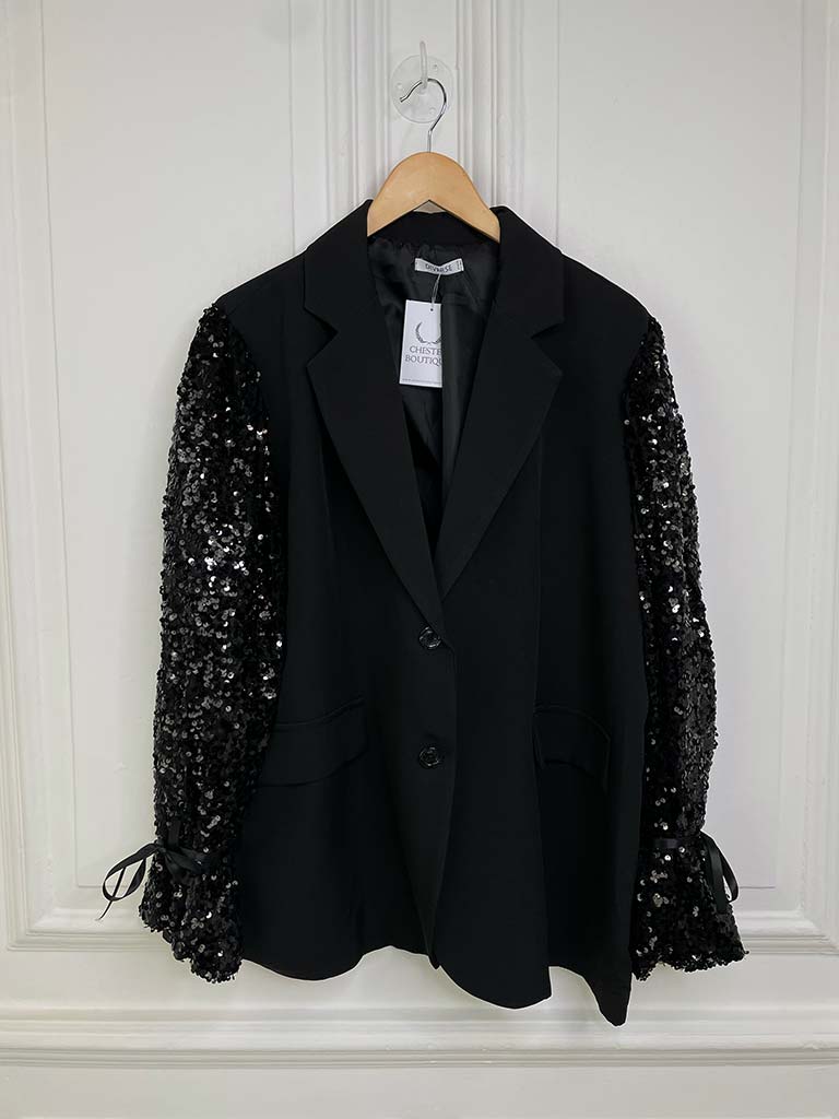 Sequin Tie Sleeve Blazer - Black