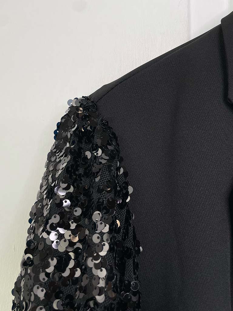 Sequin Tie Sleeve Blazer - Black