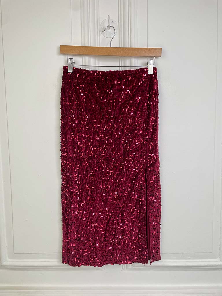 Side Split Sequin Skirt - Burgundy