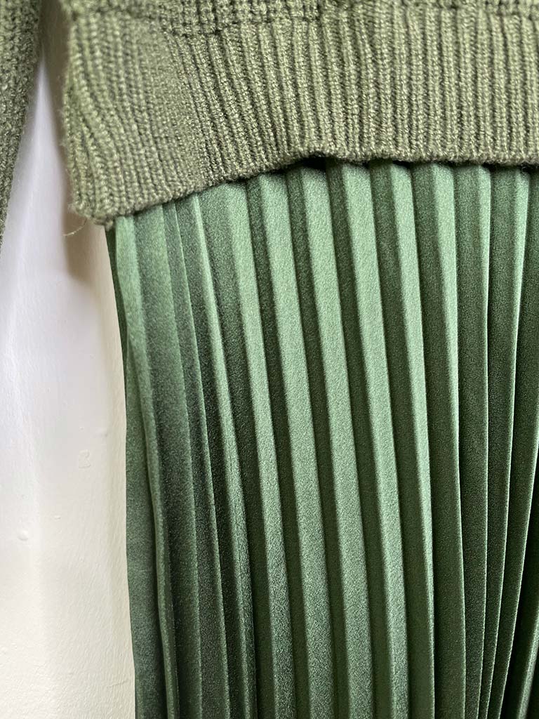 Silk Feel Pleated Dress - Khaki