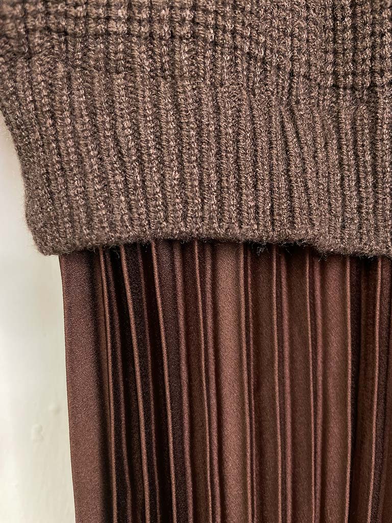 Silk Feel Pleated Dress - Chocolate