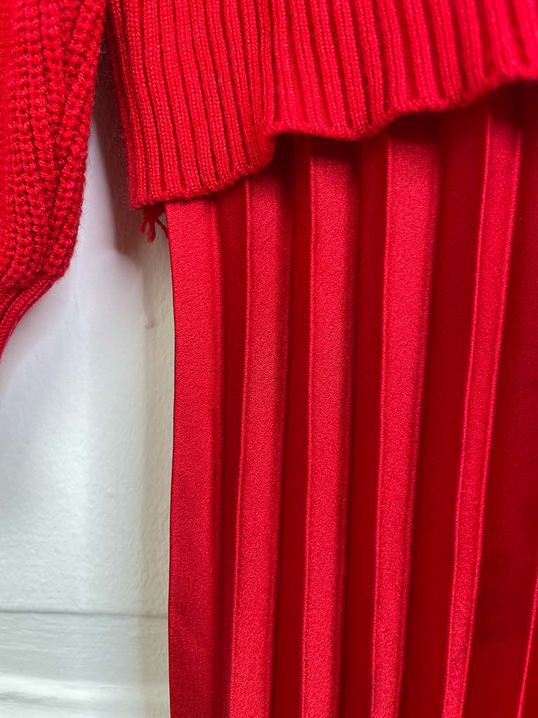 Silk Feel Pleated Dress - Red