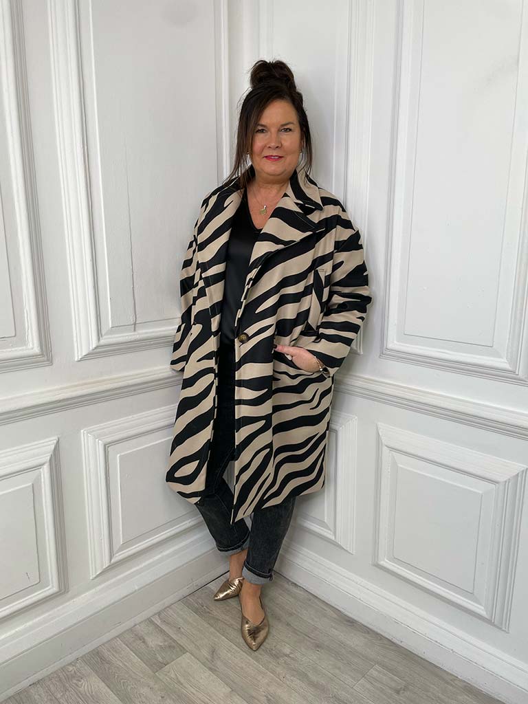 Luxe Zebra Double Breasted Coat - Stone