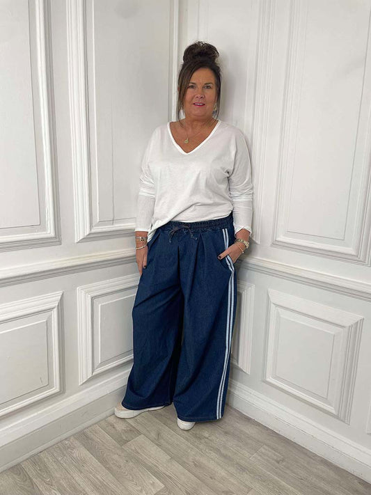 Denim Side Stripe Palazzo Trousers - Classic Blue