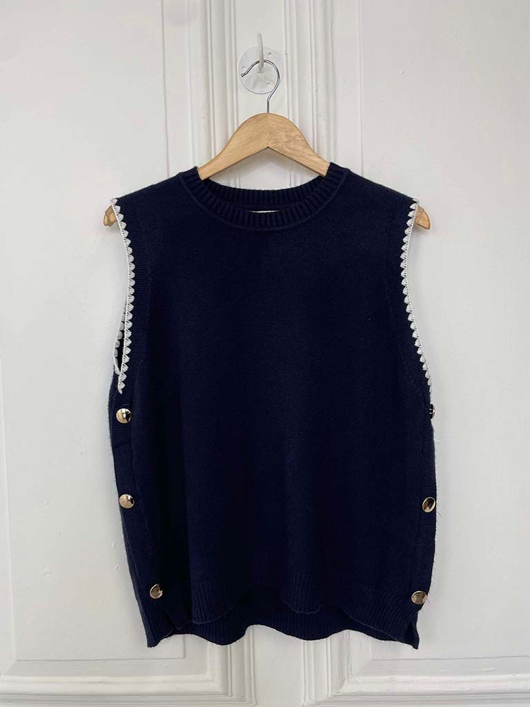 Scalloped Button Tank Knit - Navy