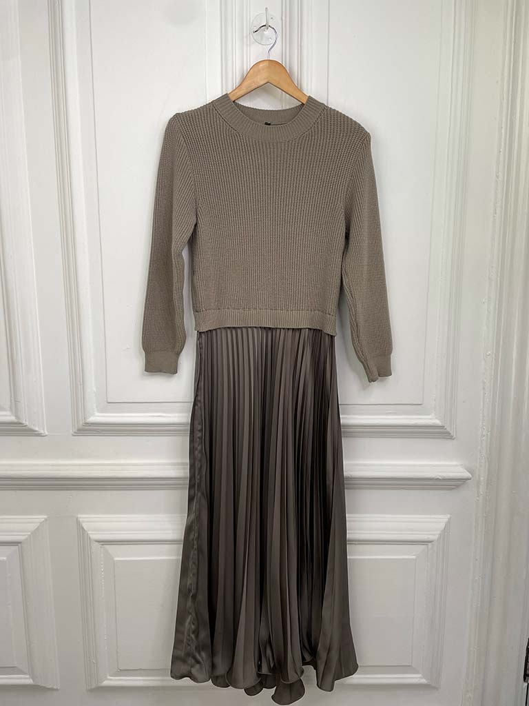 Silk Feel Pleated Dress - Mocha