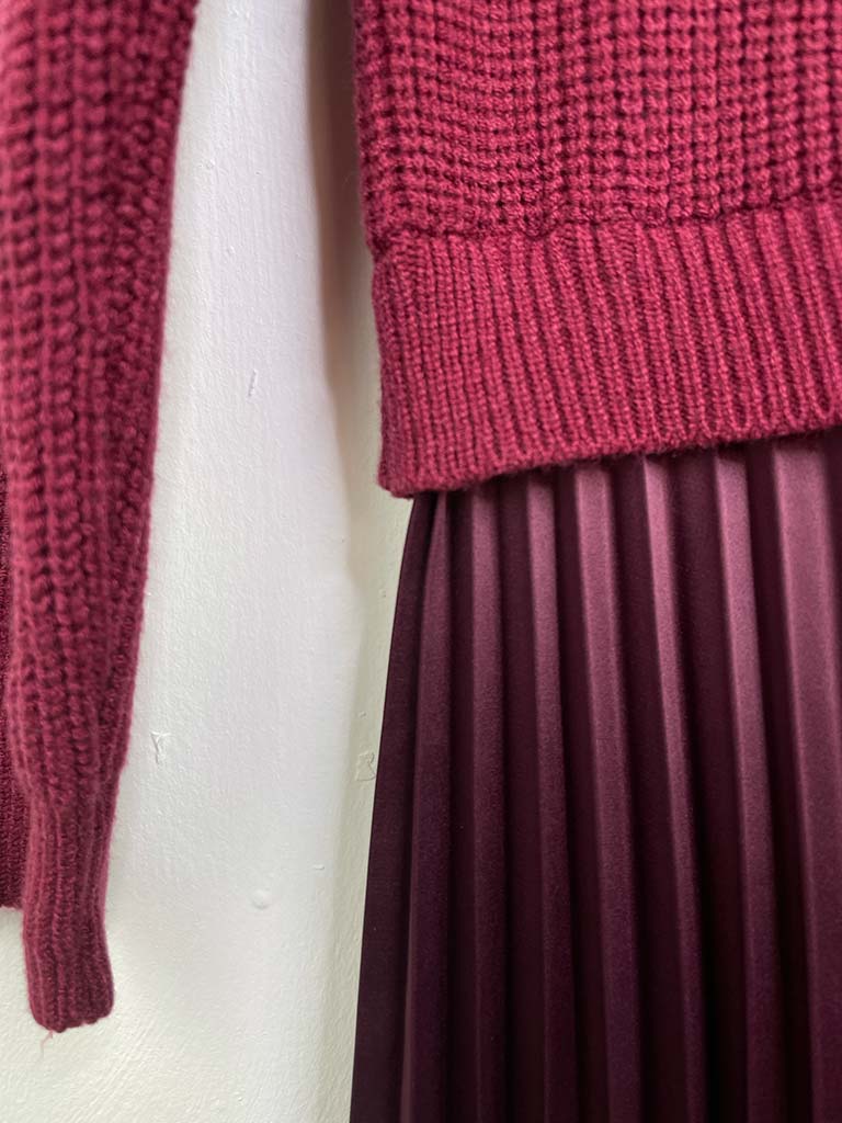 Silk Feel Pleated Dress - Burgundy