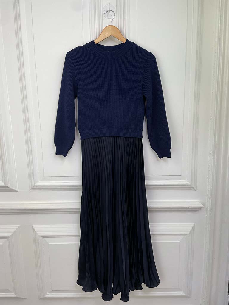 Silk Feel Pleated Dress - Navy