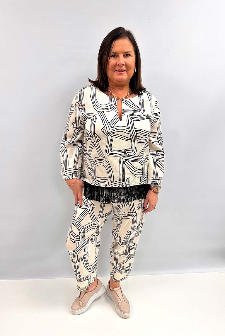 Malissa J Abstract Fringed Top - Ecru