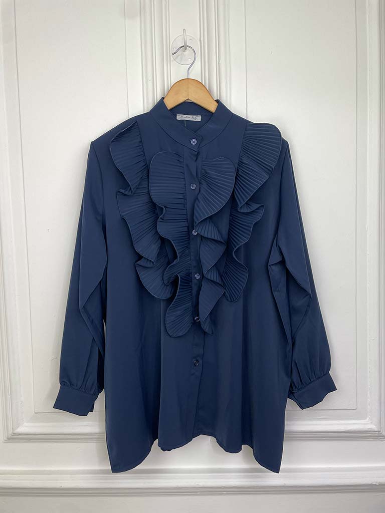 Plissé Ruffle Shirt - Navy