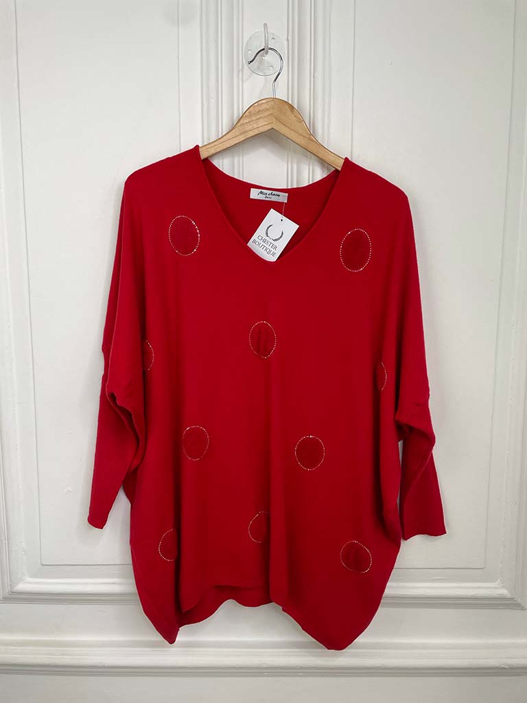 Faux Fur Studded Spot Knit - Red