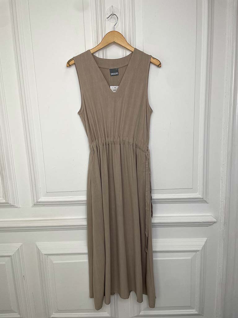 Linen Mix Drawstring Waist Dress - Hessian