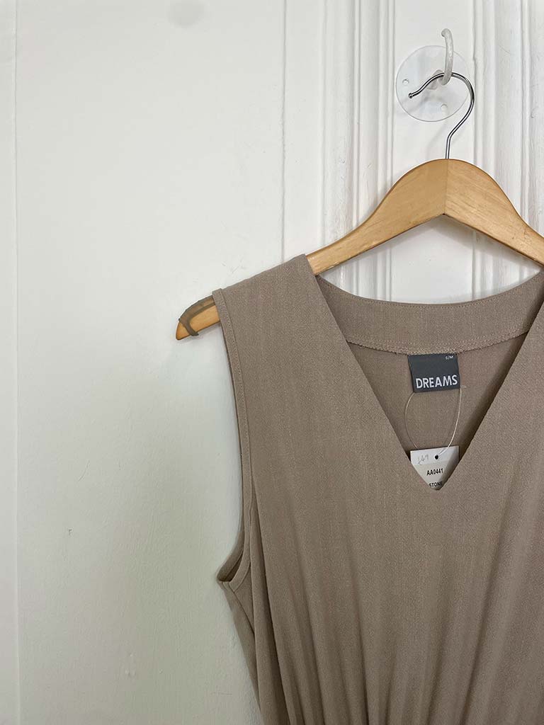 Linen Mix Drawstring Waist Dress - Hessian