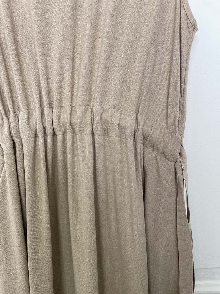 Linen Mix Drawstring Waist Dress - Hessian