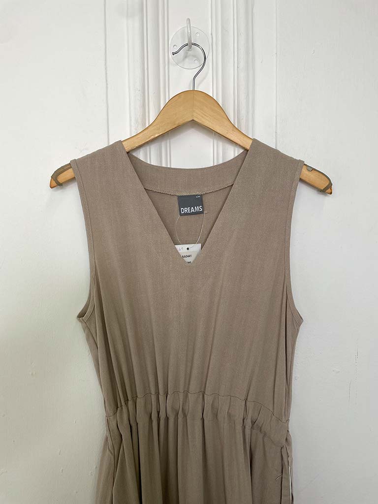 Linen Mix Drawstring Waist Dress - Hessian
