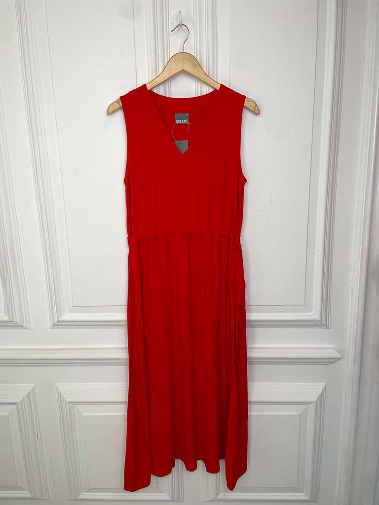 Linen Mix Drawstring Waist Dress - Red