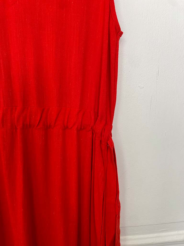 Linen Mix Drawstring Waist Dress - Red