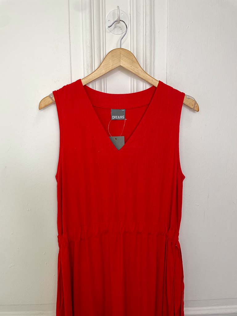 Linen Mix Drawstring Waist Dress - Red