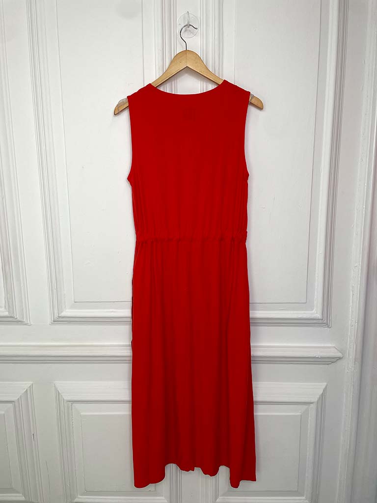 Linen Mix Drawstring Waist Dress - Red