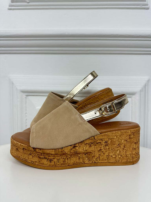 Tamaris Suede & Cork Wedge Sandals - Beige