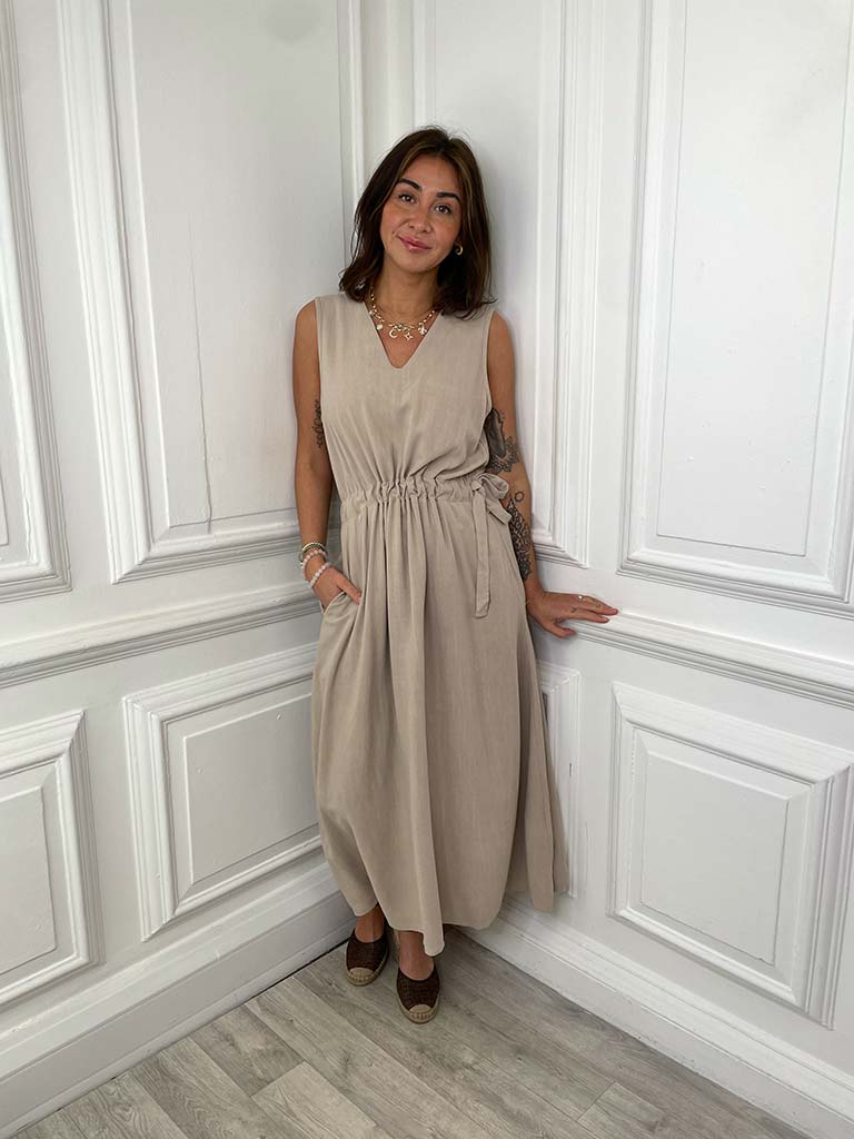 Linen Mix Drawstring Waist Dress - Hessian