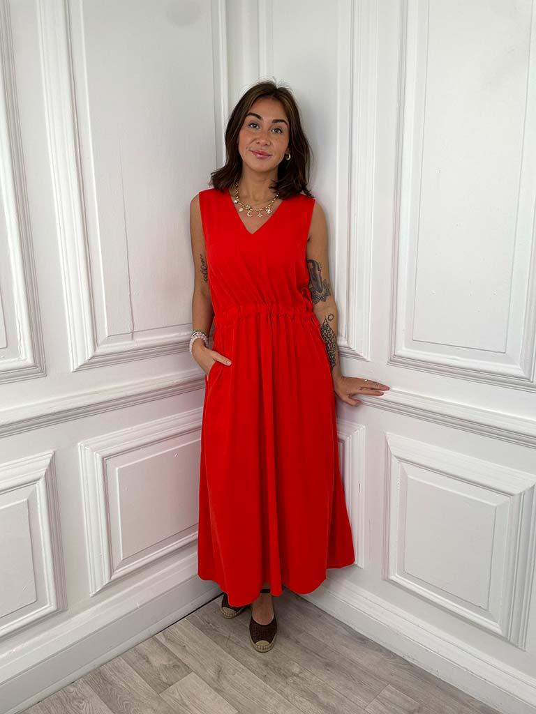 Linen Mix Drawstring Waist Dress - Red