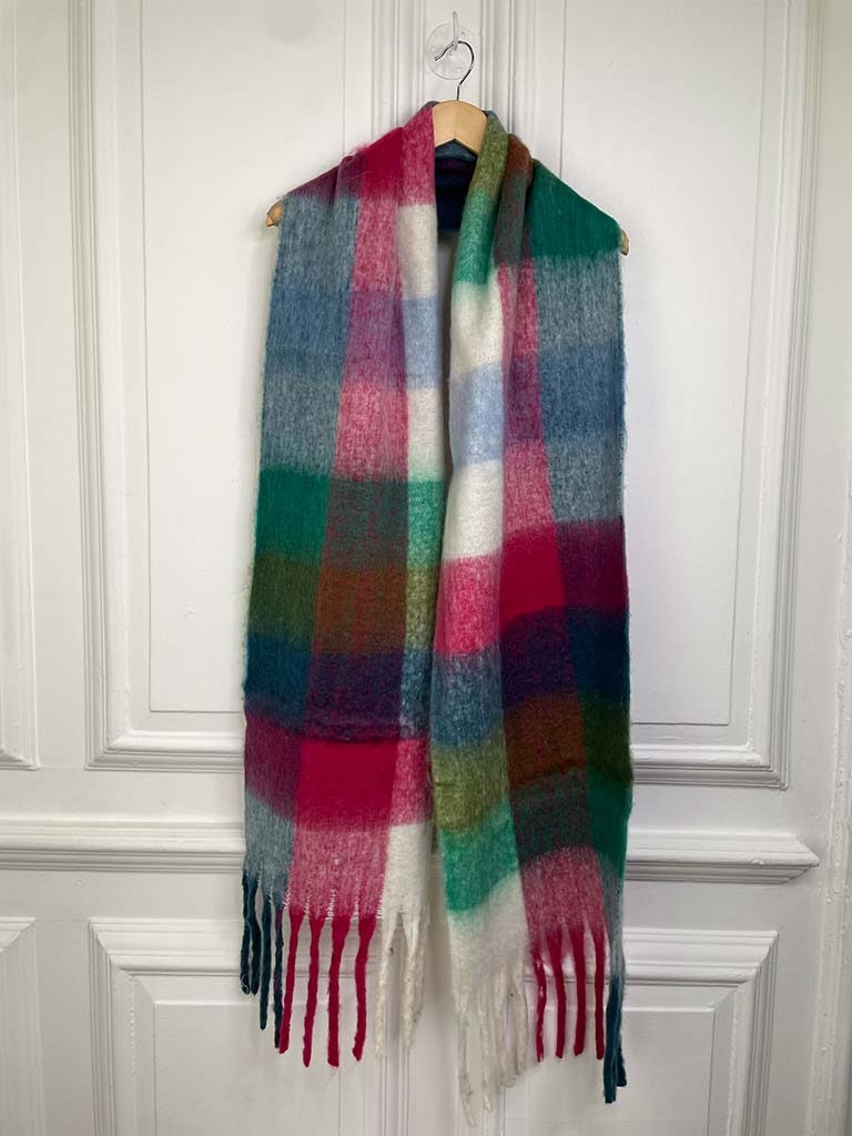 Wool Feel Checkered Scarf - Denim & Cream