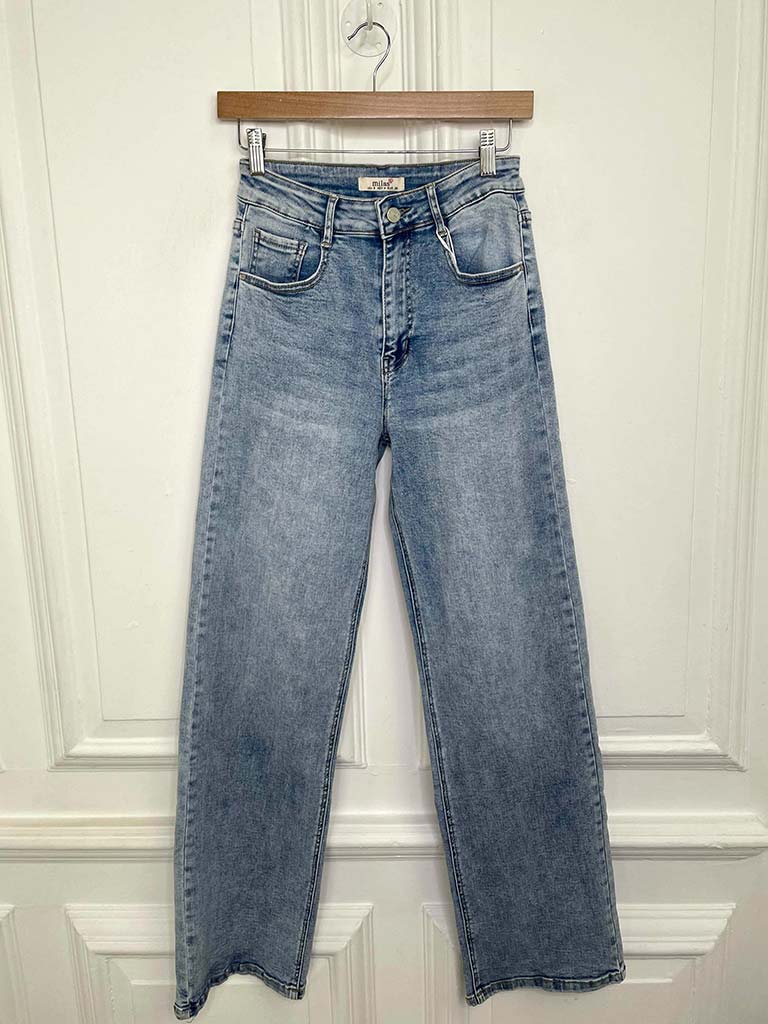 Denim Stretchy Wide Leg Jeans - Pale Blue Acid Wash