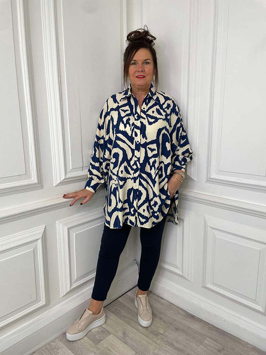 Abstract Print Shirt Tunic - Navy