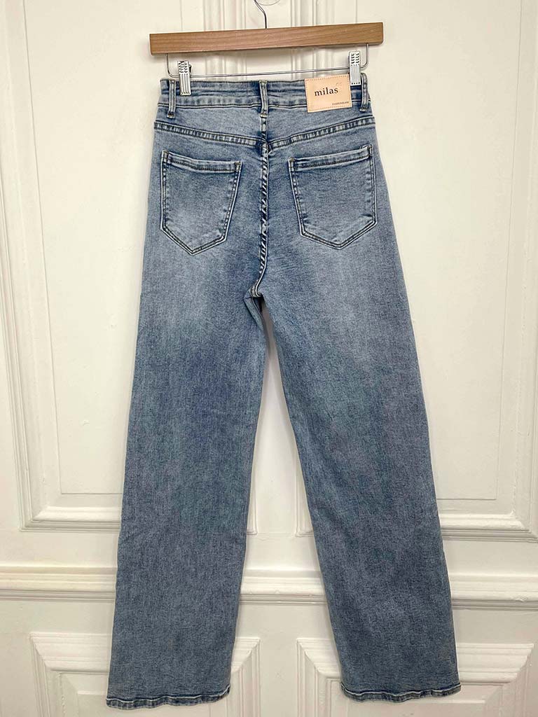 Denim Stretchy Wide Leg Jeans - Pale Blue Acid Wash