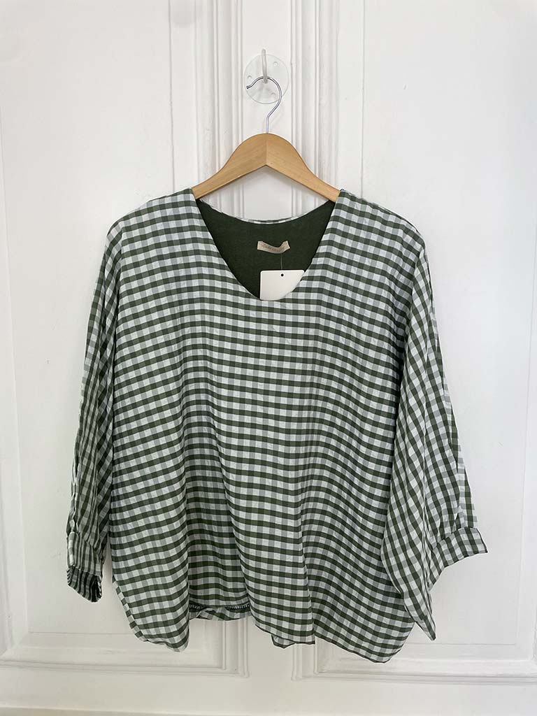 Gingham Gathered Hem Top - Khaki