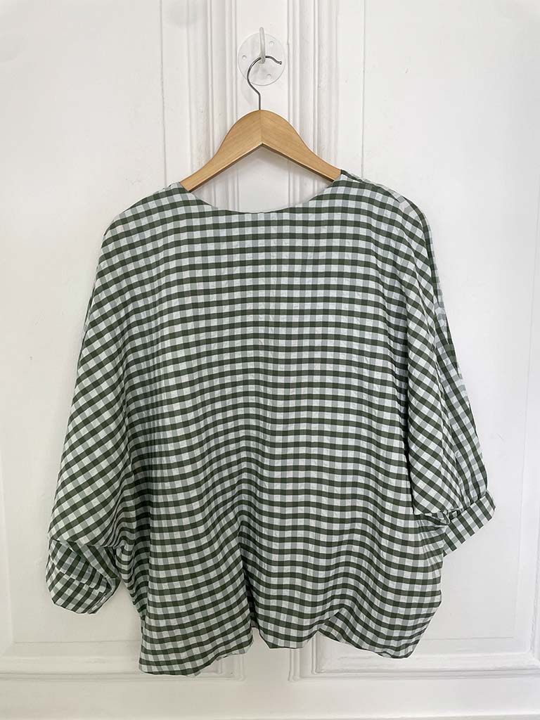 Gingham Gathered Hem Top - Khaki