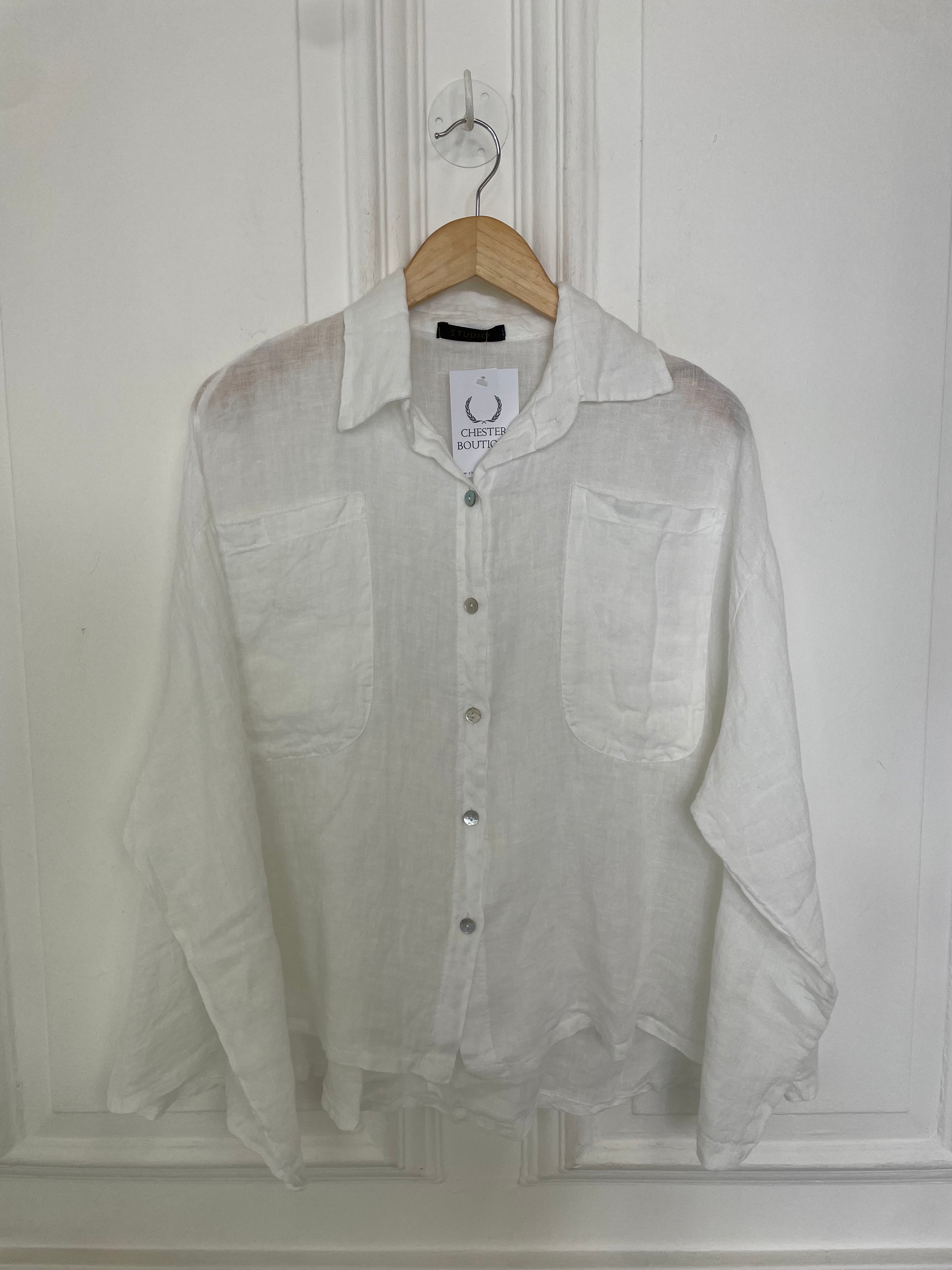 Linen Boxy Pocket Shirt - White