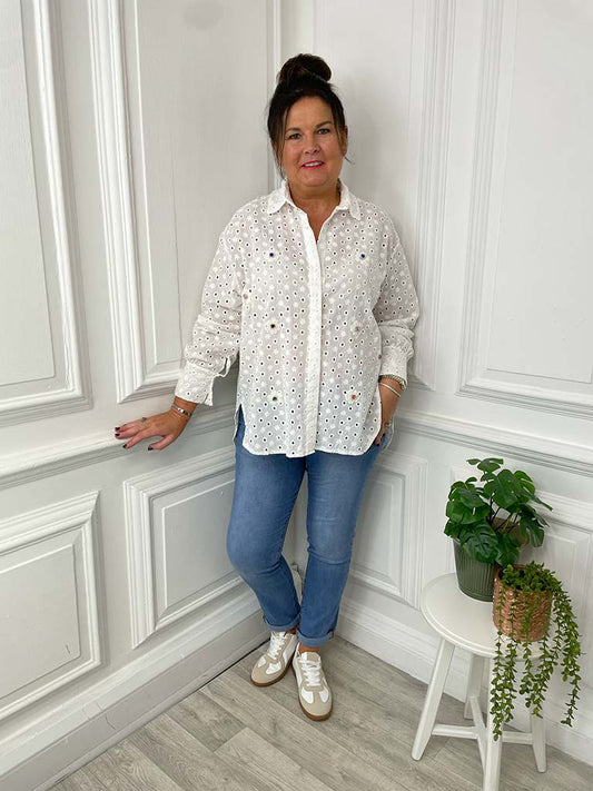 Jewelled Broderie Anglaise Shirt - Ivory