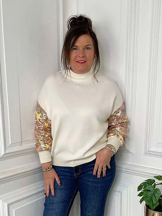 Star Sequin Sleeve Knit - Cream & Rose Gold