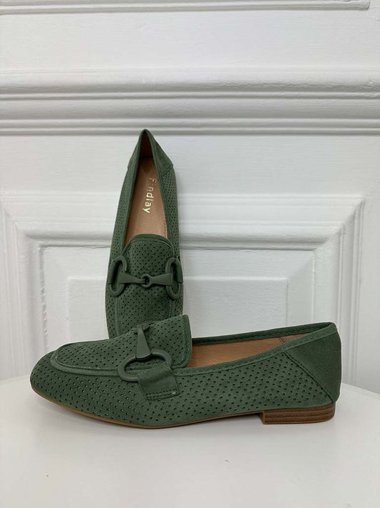Faux Suede Snaffle Loafers - Khaki