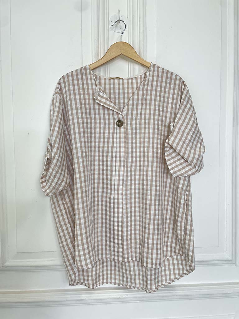 Gingham Dip Back Top - Stone