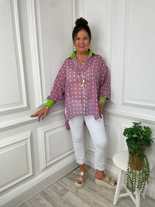 Malissa J Tile Print Shirt - Lime & Pink
