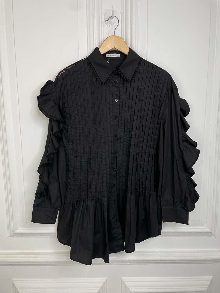 Pleated Frill Sleeve Shirt - Black